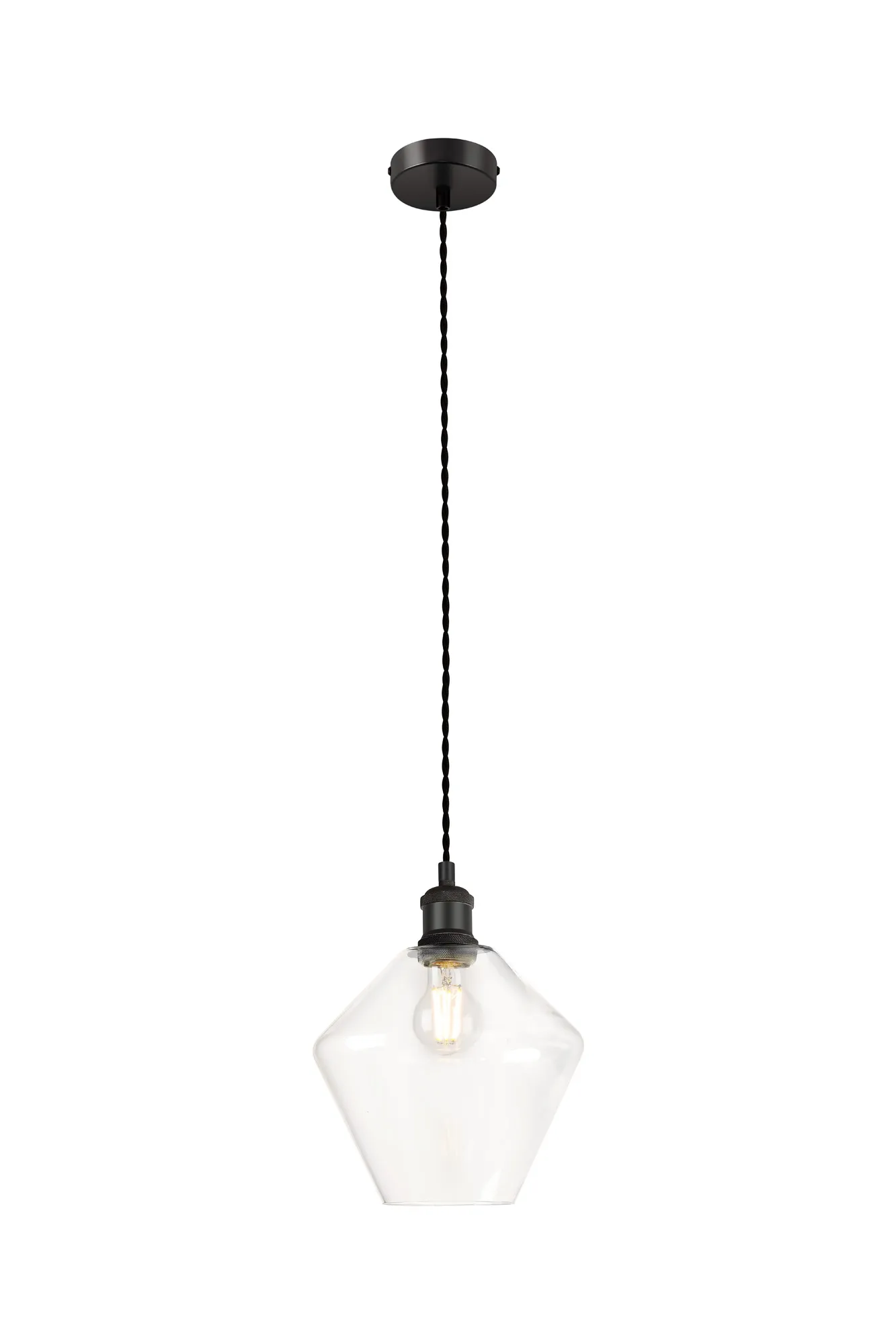 Cawdor Single Pendant, 1 Light E27, Matt Black/Black/Amber Diamond Glass DK1139  Deco Cawdor